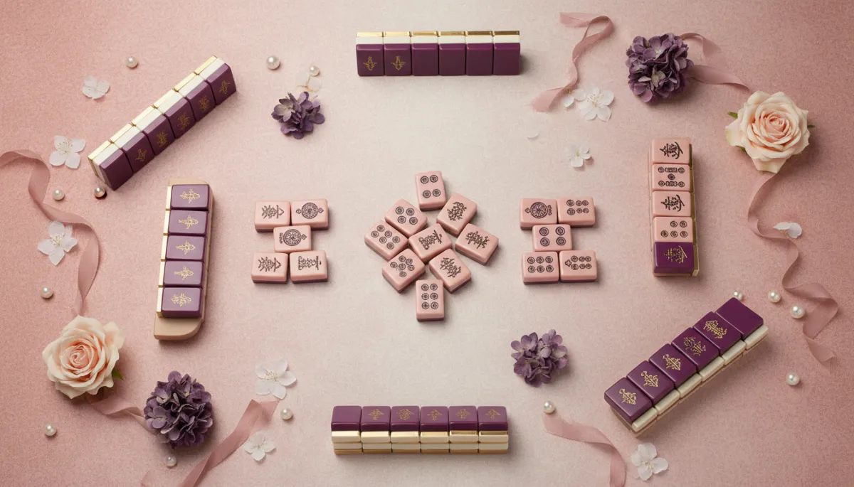 elegant boutique style flat lay of an American mahjong table with blush pink, deep purple, and cream tiles, racks, and mat arranged neatly, soft lighting, subtle floral accents, overhead view