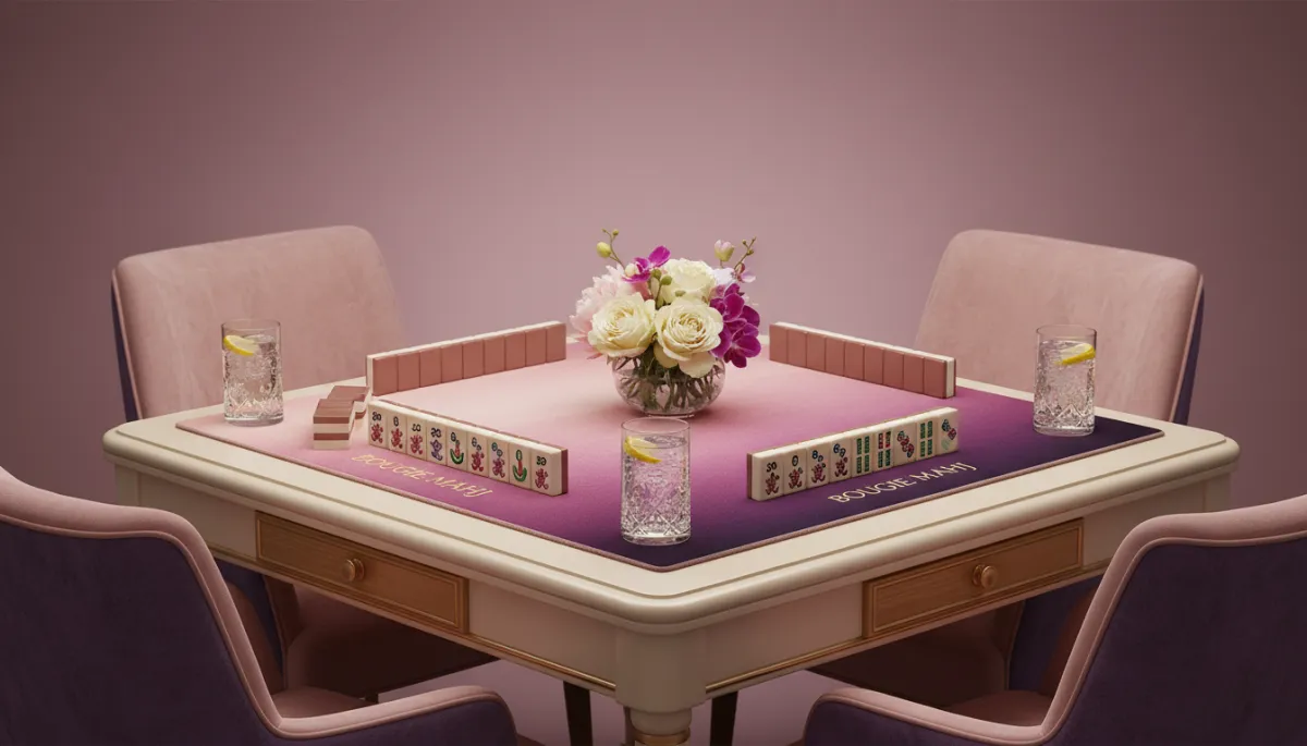elegant boutique style table set for American mahjong in blush pink deep purple and cream tones, soft evening light, four chic chairs around a cream table, mahjong tiles neatly arranged on stylish racks atop a blush pink and deep purple mahjong mat, small vase of flowers and sparkling water glasses, subtle Bougie Mahj branding on the mat