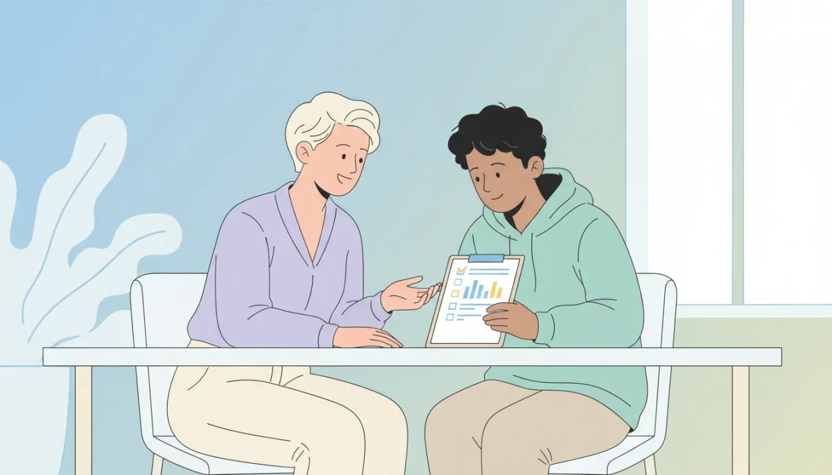 Counselor reviewing a mental health screening form with a teenager