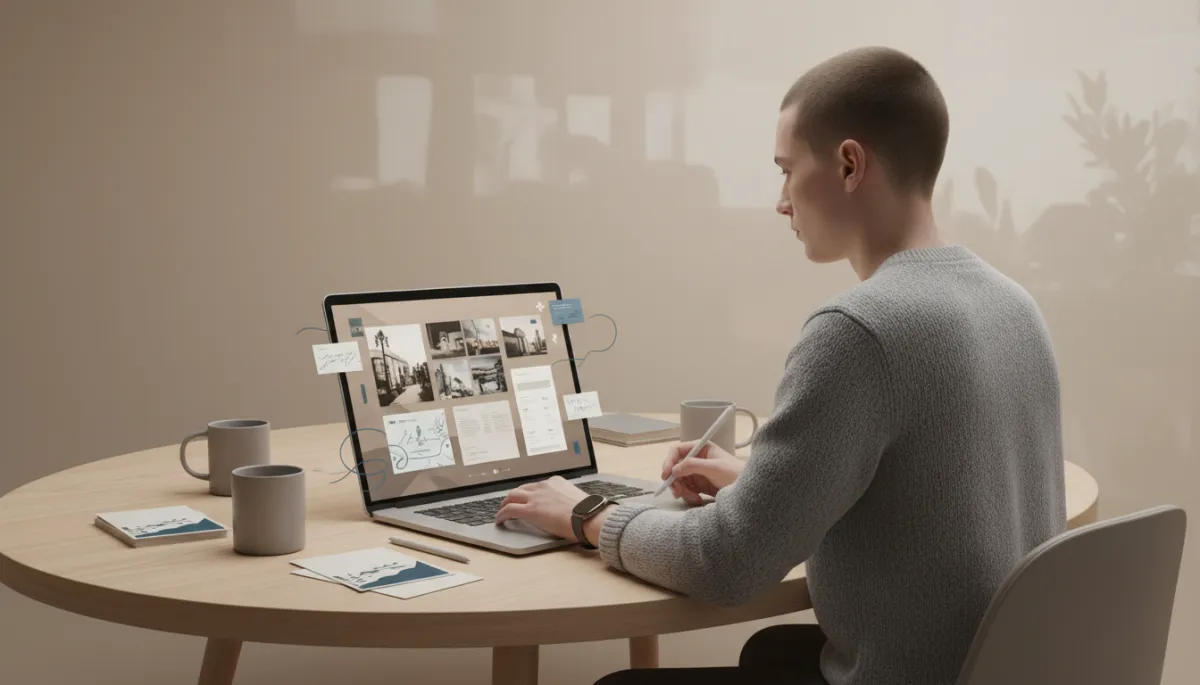 Person working on a laptop and organizing hobby content in a neutral workspace