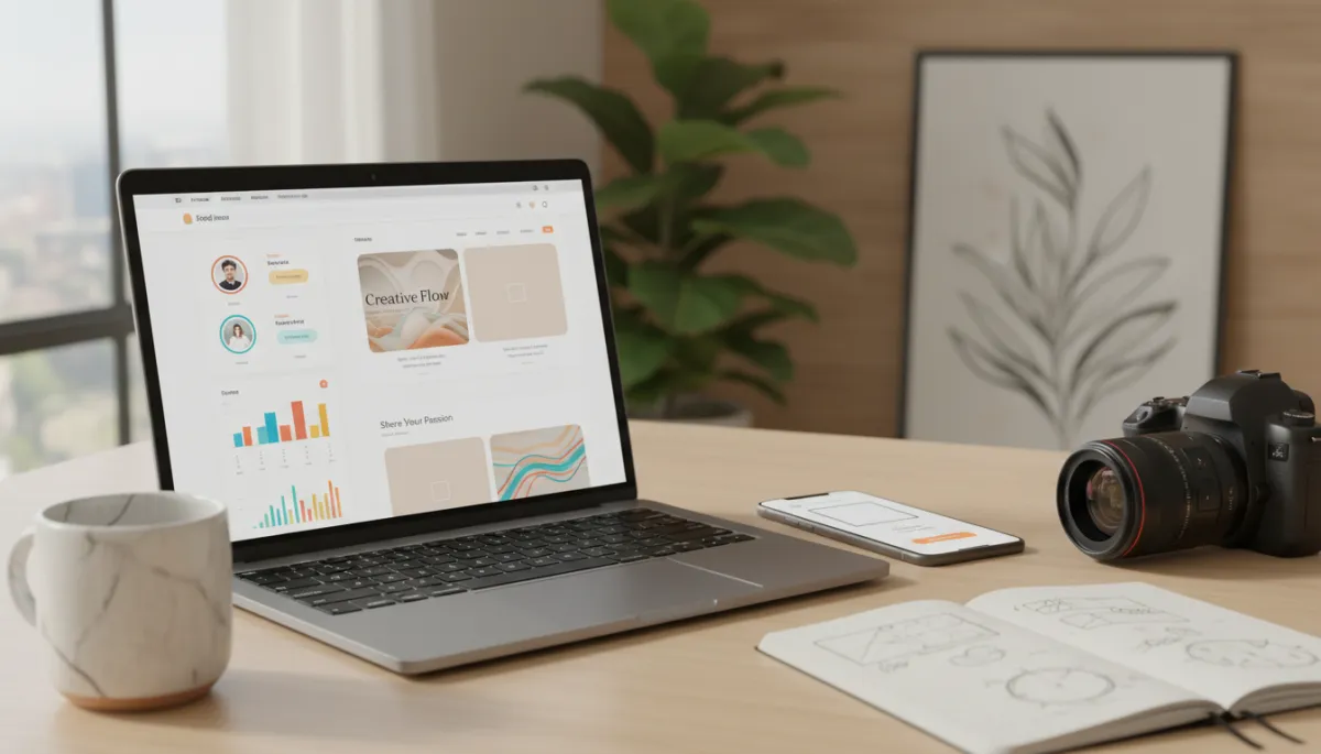 A photorealistic, high-quality image of a modern, neutral-toned workspace bathed in soft natural light. On the desk, a sleek laptop displays a vibrant social media dashboard and a website homepage side-by-side, with colorful icons and website design elements clearly visible. A smartphone rests beside the laptop, open to a social media post creator app. Nearby, a notebook with sketched wireframes, a professional DSLR camera, and a stylish mug complete the scene. In the background, subtle decor such as a plant and framed inspirational quote add warmth. The overall atmosphere is calm, inviting, and creative, visually conveying the process of transforming a hobby into an engaging online presence through social media and website design.