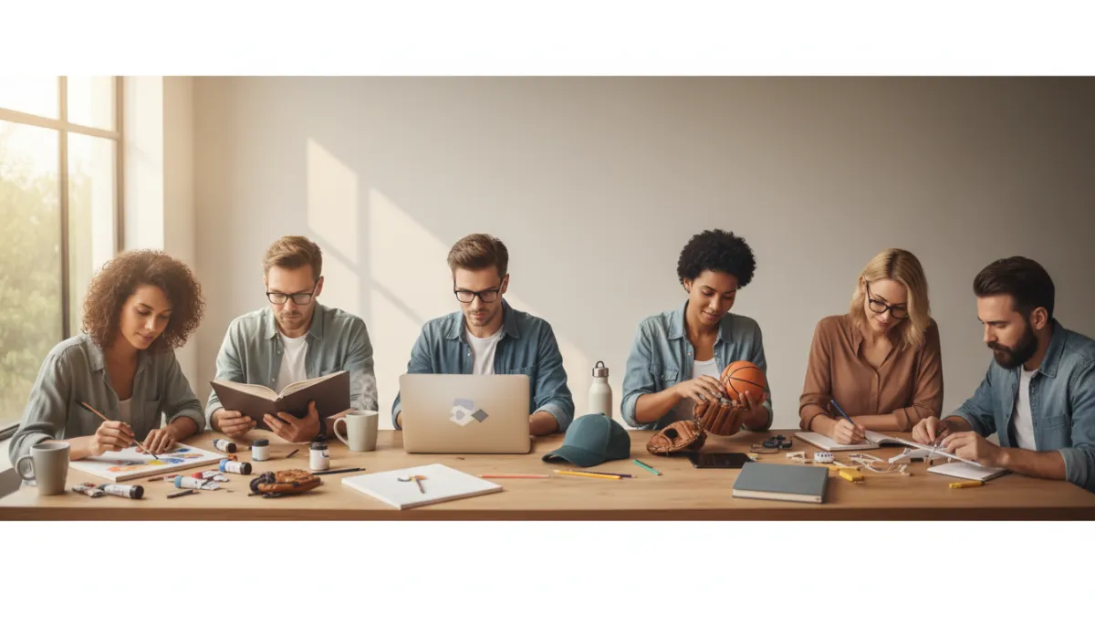 A high-quality photograph (not illustration) showing a diverse group of adults at a long table, exploring various hobbies such as painting, reading, using a laptop, and examining sports gear. The setting should feature soft natural light, a neutral color palette, and a calm, inviting atmosphere.