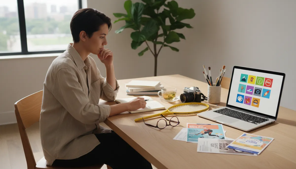 A high-quality, photorealistic image of a gender-neutral adult sitting at a modern table in a bright, naturally lit room. The person is thoughtfully looking at a laptop screen displaying various hobby and sports options. Around them on the table are visible notes, colorful equipment such as a tennis racquet, paintbrushes, a camera, and flyers for different activities, subtly suggesting the variety of choices. The setting is clean, minimalistic, and professional, with soft daylight streaming through a window to create an inviting and inspiring atmosphere. No illustrations or graphics—photograph only.