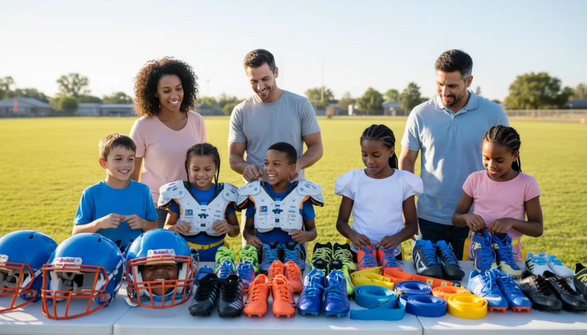 Create a photorealistic, high-quality image featuring a diverse group of youth football players and their parents gathered on a vibrant, sunlit football field. The scene centers on a neatly organized display of essential youth football equipment: helmets, shoulder pads, cleats, and flag belts, arranged in an inviting, easy-to-understand layout. The young athletes, boys and girls of various backgrounds, are energetically interacting with the equipment—some trying on helmets, others lacing up cleats—while parents offer supportive guidance. The color palette uses bold blues, oranges, and yellows to evoke energy and positivity. The image should capture the informative spirit of an equipment checklist, emphasizing clarity and approachability for parents and youth alike. The composition is dynamic but uncluttered, ensuring each piece of equipment is clearly visible and identifiable, with crisp detail and natural lighting that brings the scene to life.