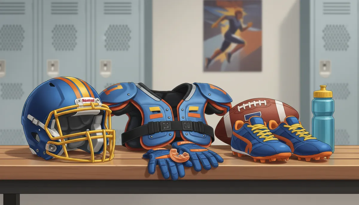 A high-resolution, photorealistic image of youth football equipment organized neatly on a wooden bench in a well-lit locker room. The scene includes a youth-sized football helmet, shoulder pads, a pair of cleats, gloves, a mouthguard, a football, and a water bottle, all arranged in an orderly fashion. The equipment features vibrant, modern colors—bold blues, oranges, and yellows—to add energy and appeal for both parents and youth athletes. The background is clean and uncluttered, with subtle hints of sports lockers and motivational posters to maintain a professional, informative look suitable for a sports blog. Natural lighting highlights the textures and details of each piece of equipment, creating an inviting and trustworthy visual guide for readers.