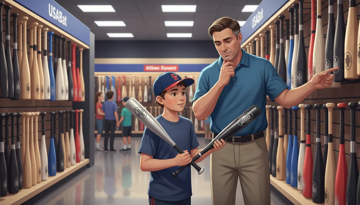A vibrant, realistic high-resolution image of a youth baseball player and their parent in a modern, well-lit sporting goods store, examining and comparing a variety of baseball bats on a display wall. The image should capture rich, true-to-life colors, clear certification stamps on the bat barrels, and reflect an authentic shopping experience. A vibrant, realistic high-resolution image of a youth baseball player and their parent in a modern, well-lit sporting goods store, examining and comparing a variety of baseball bats on a display wall. The image should capture rich, true-to-life colors, clear certification stamps on the bat barrels, and reflect an authentic shopping experience.