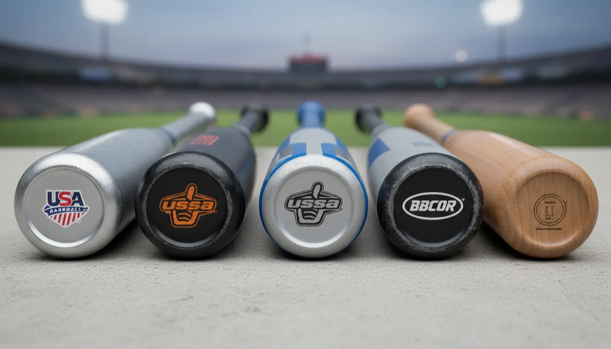 A vibrant, realistic photo showing an array of baseball bats laid out side by side on a clean surface, each bat clearly showcasing its material (aluminum, composite, hybrid, wood) and close-ups of their different certification marks (USA Baseball, USSSA, BBCOR) in sharp detail. A vibrant, realistic photo showing an array of baseball bats laid out side by side on a clean surface, each bat clearly showcasing its material (aluminum, composite, hybrid, wood) and close-ups of their different certification marks (USA Baseball, USSSA, BBCOR) in sharp detail.