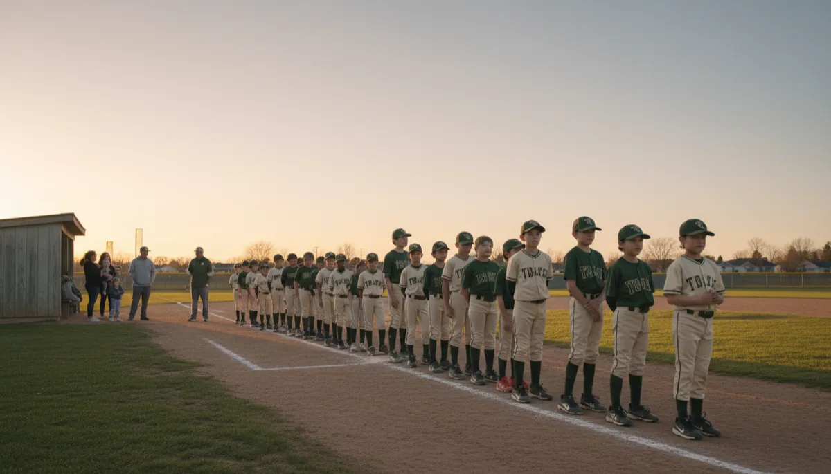 A realistic, high-resolution photograph of youth baseball players of different ages lined up along a foul line at sunset, with coaches talking to parents near the dugout, in neutral tones. Leave subtle negative space in the sky area for potential text overlay. A realistic, high-resolution photograph of youth baseball players of different ages lined up along a foul line at sunset, with coaches talking to parents near the dugout, in neutral tones. Leave subtle negative space in the sky area for potential text overlay.