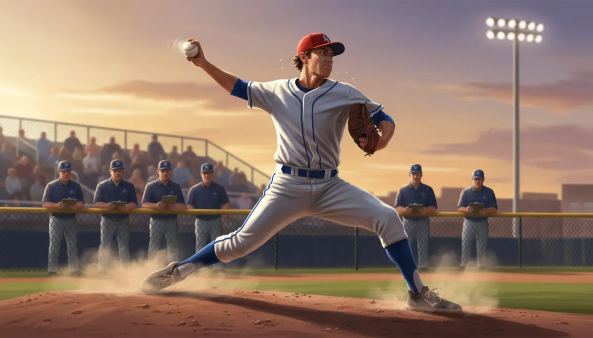 A realistic, action photograph of a high school baseball pitcher throwing a pitch in front of evaluators and coaches, capturing the intensity and focus of a competitive game. A realistic, action photograph of a high school baseball pitcher throwing a pitch in front of evaluators and coaches, capturing the intensity and focus of a competitive game.