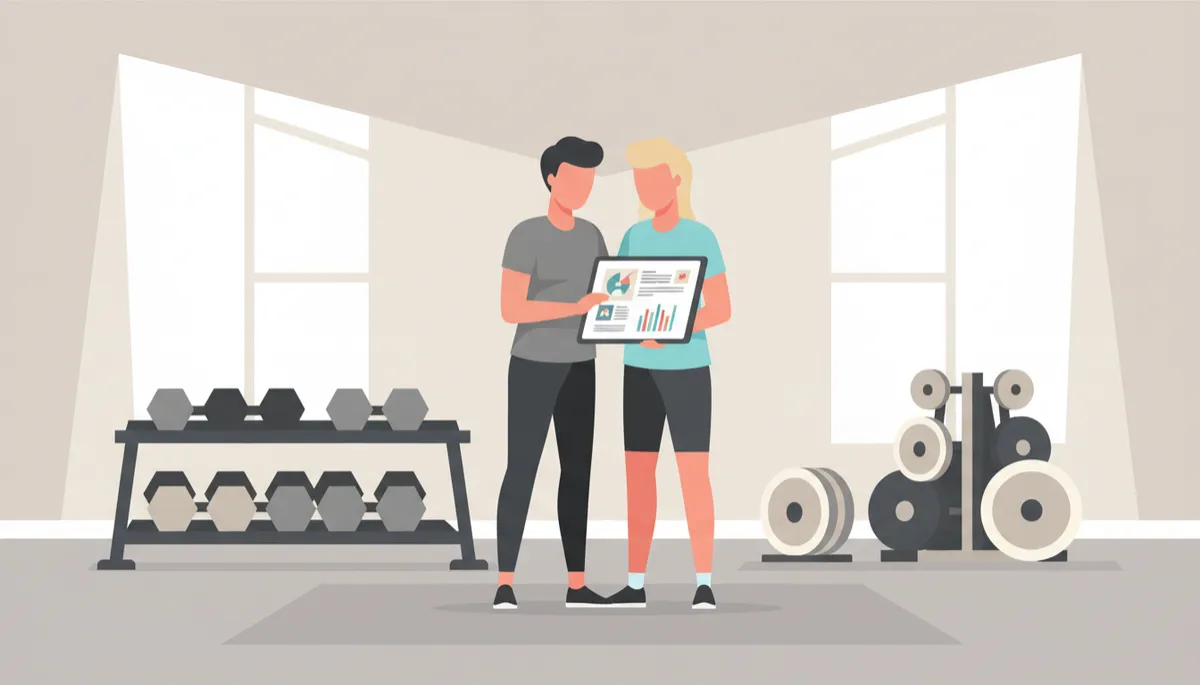 Trainer and client reviewing a progressive workout program on a tablet in a neutral-toned gym