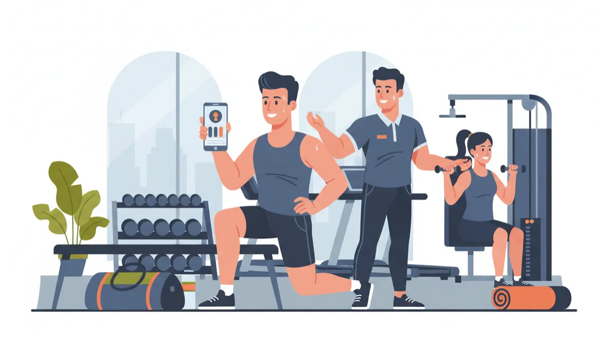 Parent following a phone-based training plan during an independent gym session