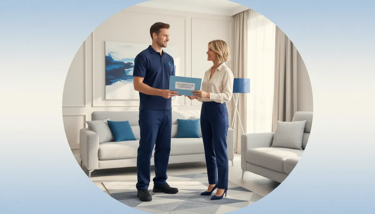 immagine fotorealistica di elettricista in divisa blu navy che consegna cartellina con documentazione di conformità a cliente in soggiorno di casa italiana moderna, pareti chiare, dettagli blu #1565C0, atmosfera professionale e rassicurante