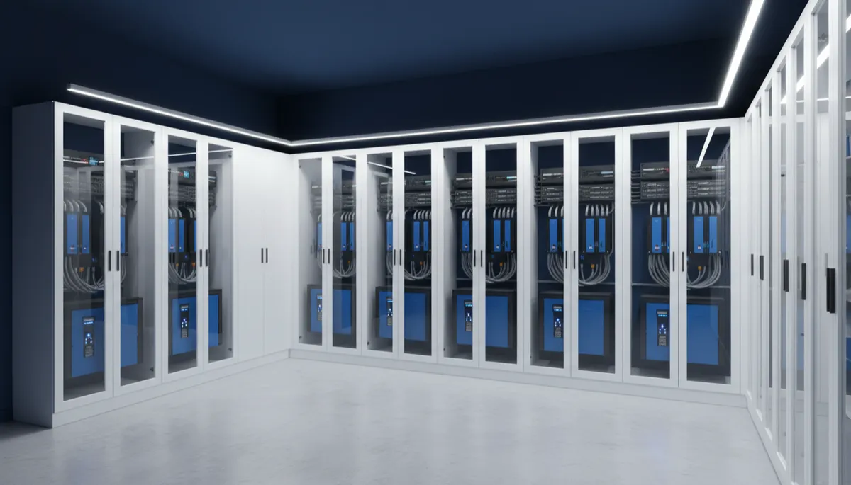 interno fotorealistico di un locale tecnico di abitazione montana con parete navy #0A2540 e armadi bianchi contenenti batterie al litio e inverter blu #1565C0, cablaggi ordinati e luci a led fredde