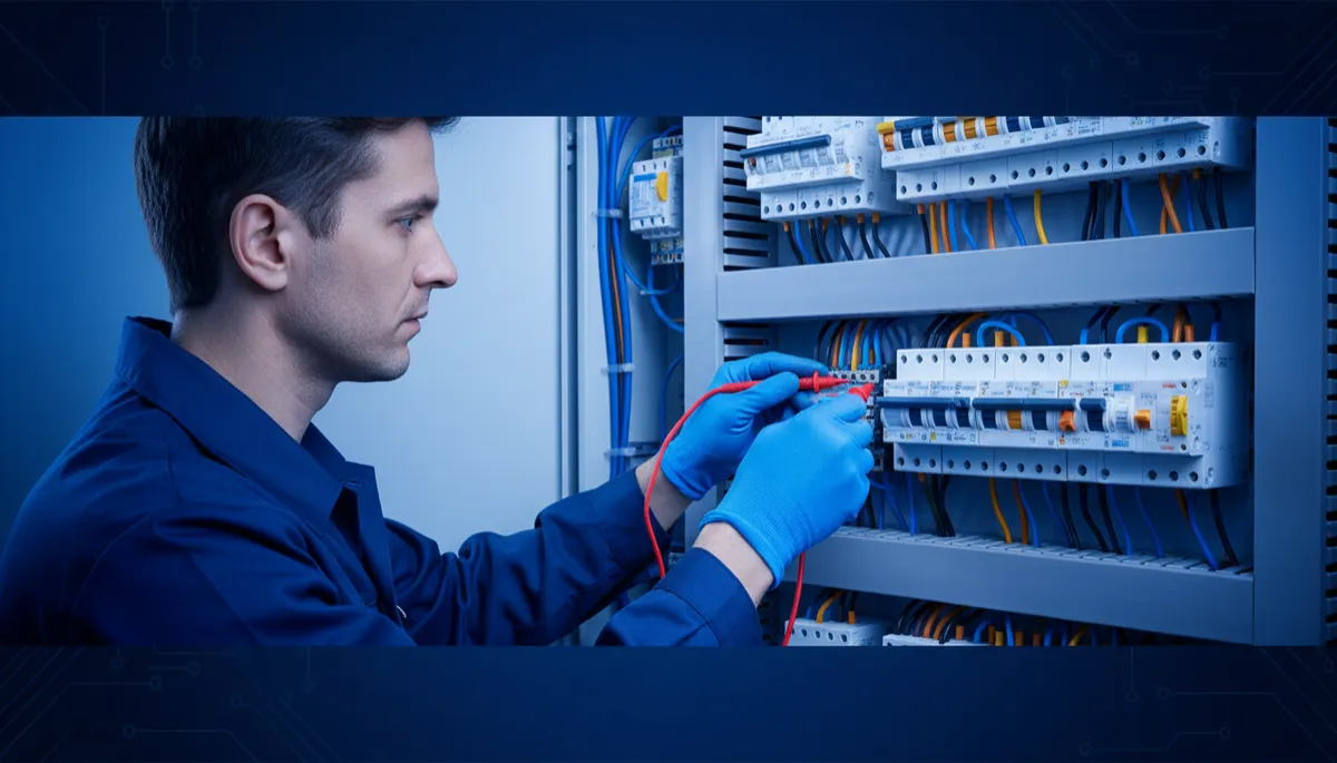 Immagine fotorealistica orizzontale di un elettricista professionista in divisa blu navy che lavora con tester digitale su un quadro elettrico domestico moderno, cavi ordinati e interruttori differenziali ben visibili, illuminazione fredda, dettagli in blu elettrico e accenti ambra sui componenti di sicurezza