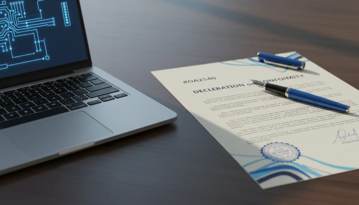 immagine fotorealistica di documento ufficiale di dichiarazione di conformità appoggiato su scrivania in legno scuro, penna stilografica blu, laptop aperto con schema elettrico, luce naturale fredda, palette navy #0A2540 e blu #1565C0