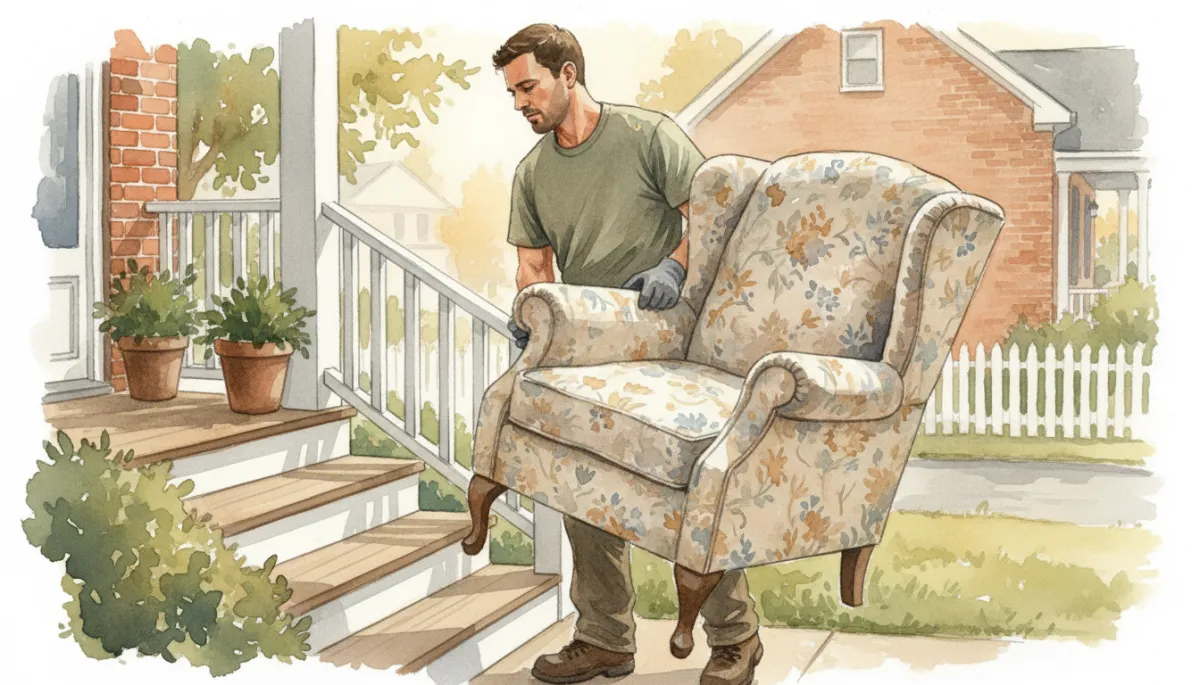 Junk removal worker carrying old furniture from a Paducah home Junk removal worker carrying old furniture from a Paducah home