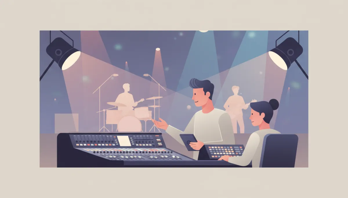 Professional crew coordinating music and lighting cues during a live show Professional crew coordinating music and lighting cues during a live show