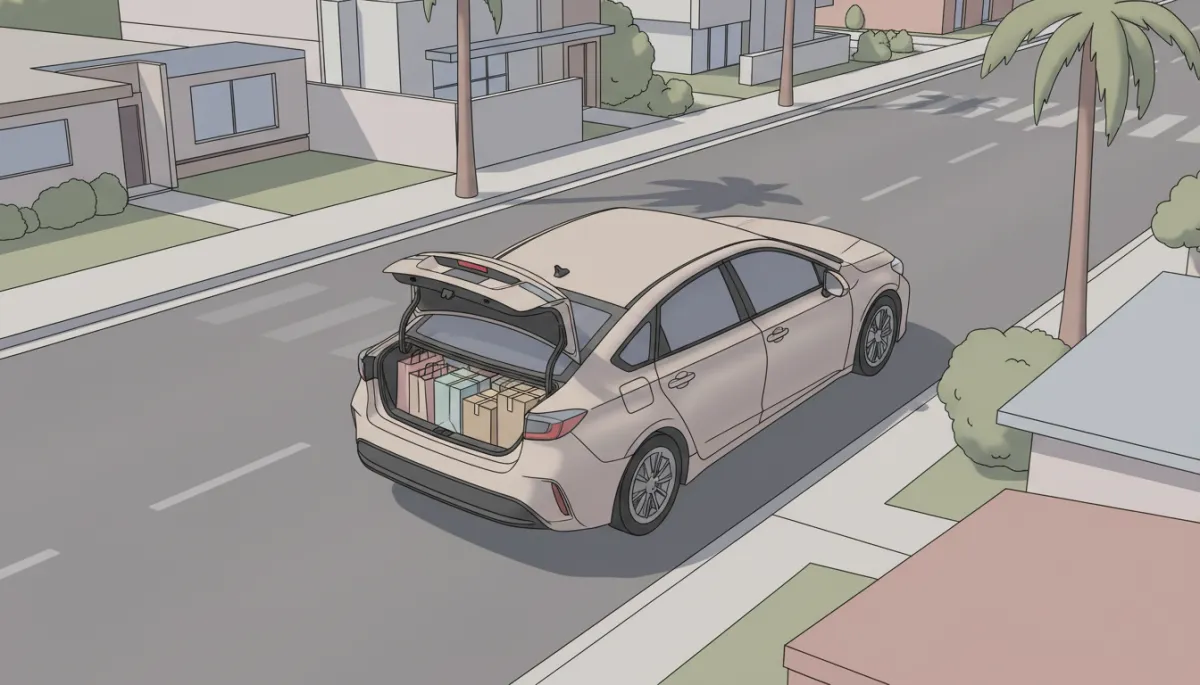 Hybrid rental car loaded with groceries and packages for delivery work