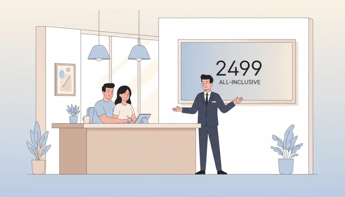 Relaxed renters completing a simple all-inclusive rental agreement at the counter Relaxed renters completing a simple all-inclusive rental agreement at the counter