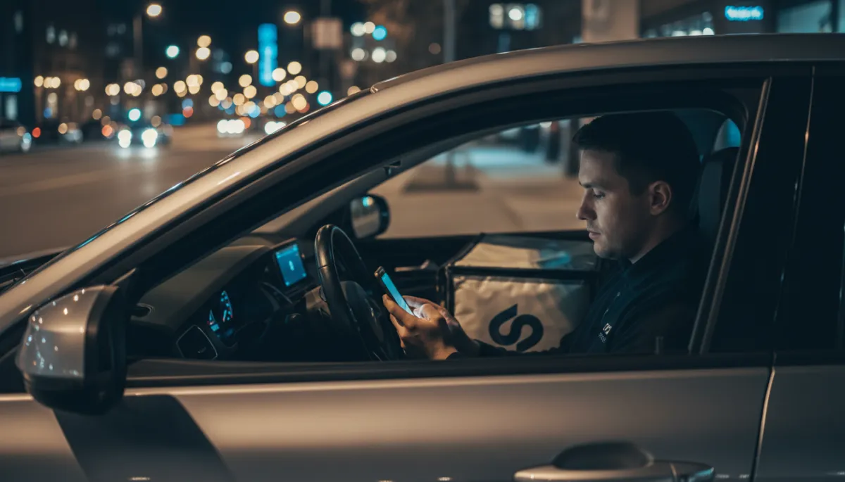 Delivery driver in a modern car checking app earnings on a smartphone