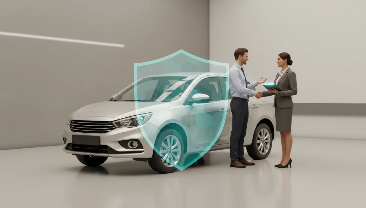 Create a photorealistic, high-resolution image depicting a modern rental car in a professional setting, such as a dealership or rental office, with subtle visual cues of comprehensive insurance coverage—like a transparent shield or overlay subtly enveloping the vehicle. The background should be clean and minimalistic, with neutral tones and soft lighting to suggest trust and security. Include professional individuals—such as a customer and an agent—engaged in a friendly, reassuring interaction near the car. The composition should be sharp-cornered with a 0px border radius, maintaining straight edges and a polished, corporate look suitable for a professional blog about full coverage insurance included in every rental. Create a photorealistic, high-resolution image depicting a modern rental car in a professional setting, such as a dealership or rental office, with subtle visual cues of comprehensive insurance coverage—like a transparent shield or overlay subtly enveloping the vehicle. The background should be clean and minimalistic, with neutral tones and soft lighting to suggest trust and security. Include professional individuals—such as a customer and an agent—engaged in a friendly, reassuring interaction near the car. The composition should be sharp-cornered with a 0px border radius, maintaining straight edges and a polished, corporate look suitable for a professional blog about full coverage insurance included in every rental.
