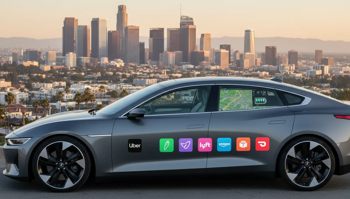 A photorealistic image of a sleek, modern rental car parked in front of a recognizable Los Angeles cityscape, with clear signage or icons for Uber, Lyft, Instacart, Amazon, and DoorDash subtly displayed on or around the car. The car and background should have sharp, clean lines with no rounded corners or soft edges, emphasizing a 0px border radius aesthetic. The lighting should be bright and professional, highlighting the car’s smart features such as a digital dashboard and GPS, and the overall composition should feel polished and inviting, ideal for a professional blog focused on rideshare and delivery drivers seeking smart rental options in Los Angeles.