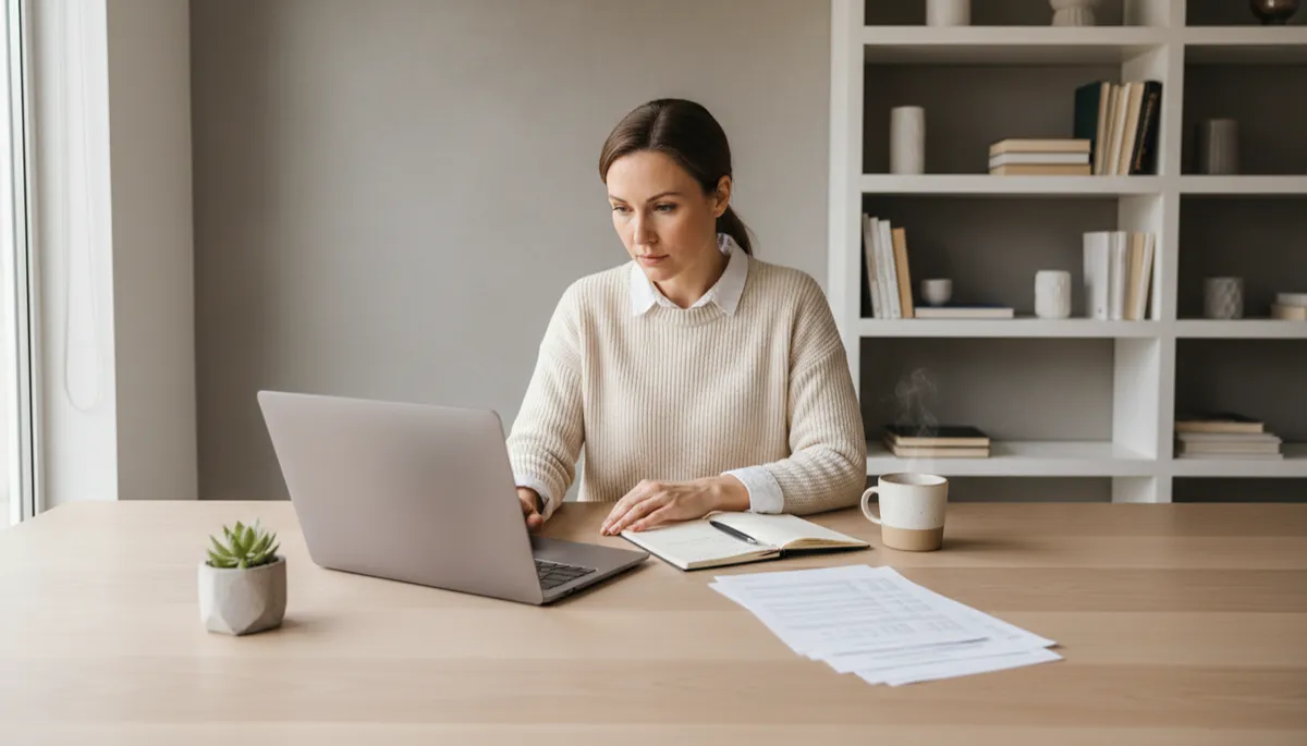 Healthcare professional reviewing personal finances and savings plan at home