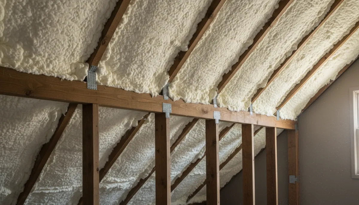 Attic roofline sealed with spray foam insulation Attic roofline sealed with spray foam insulation