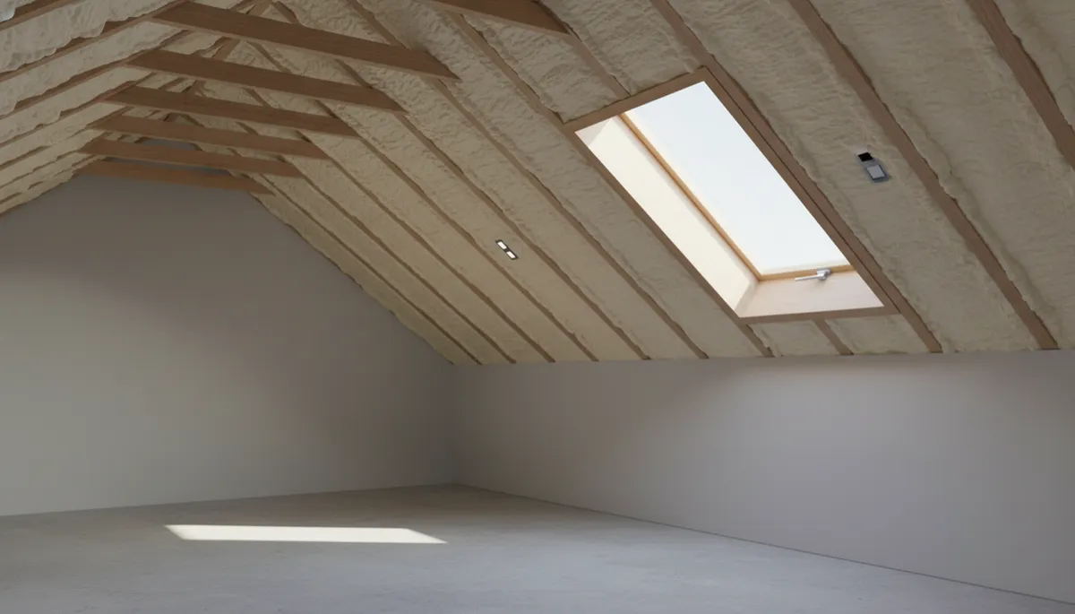Finished attic ceiling with spray foam insulation applied between rafters Finished attic ceiling with spray foam insulation applied between rafters
