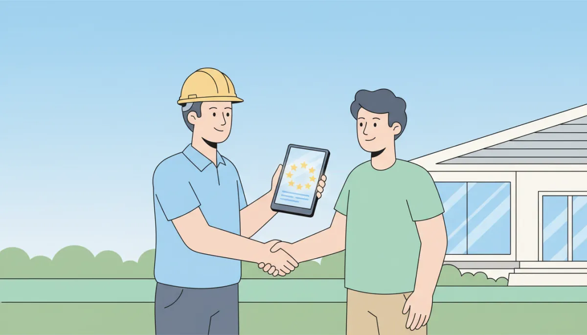 Contractor and homeowner reviewing 5-star service ratings on a smartphone