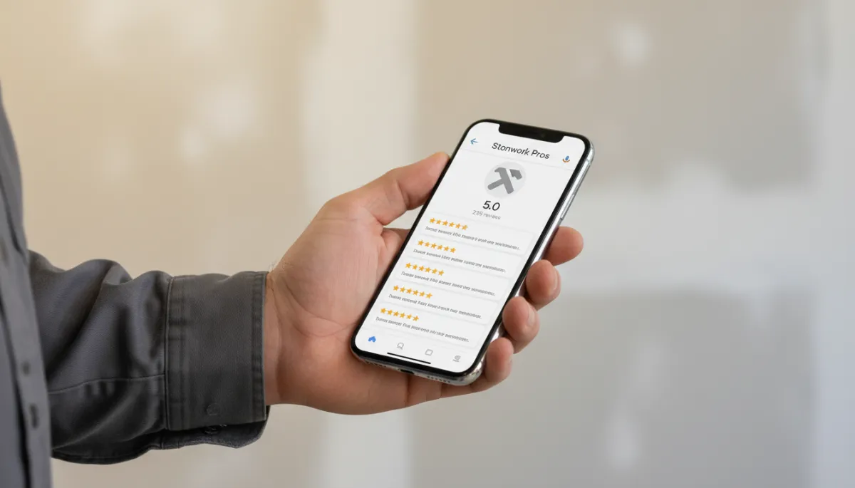 Contractor checking their growing list of 5-star reviews on a smartphone