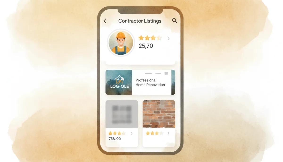 Smartphone showing contractor listings with different review counts and website previews Smartphone showing contractor listings with different review counts and website previews