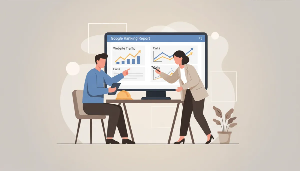 Contractor reviewing website and Google ranking performance with a marketing expert Contractor reviewing website and Google ranking performance with a marketing expert