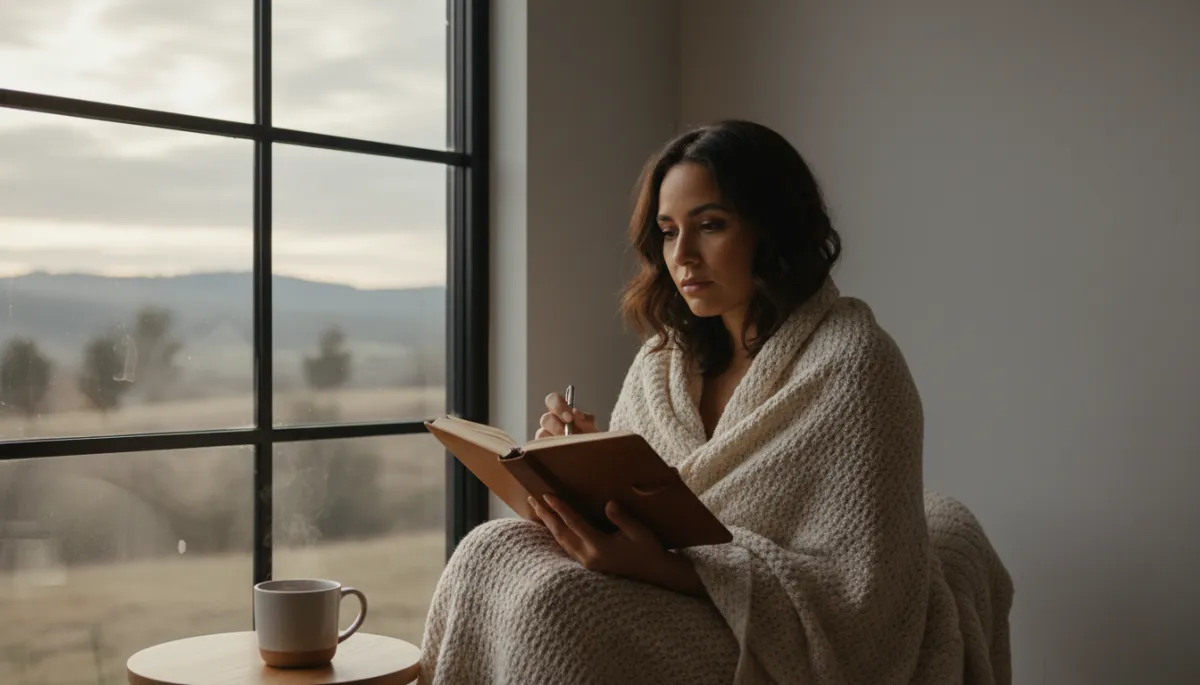 Person journaling quietly by a window during an emotional waiting period Person journaling quietly by a window during an emotional waiting period
