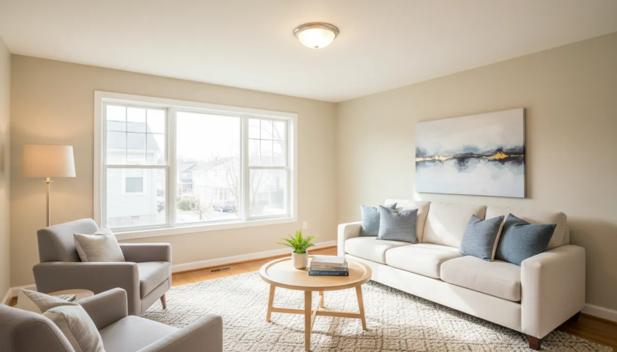 Neutral, freshly updated living room with simple staging and modern lighting