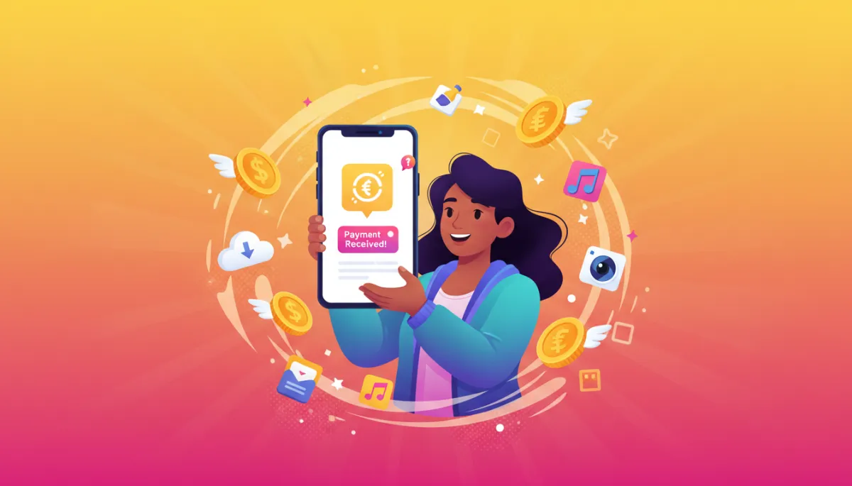 Creator viewing a payment notification on their phone in a vibrant illustration