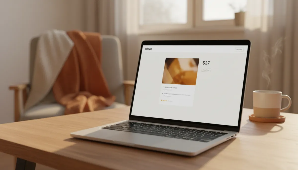 Laptop screen displaying a Whop digital product listing ready to sell