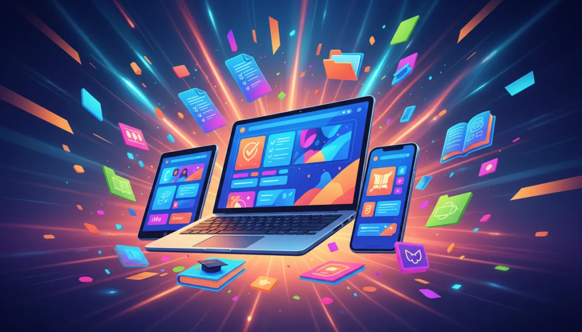 vibrant illustration of a digital product storefront displayed on laptop, tablet, and smartphone with floating icons of templates, checklists, and course files, bright colors and energetic composition