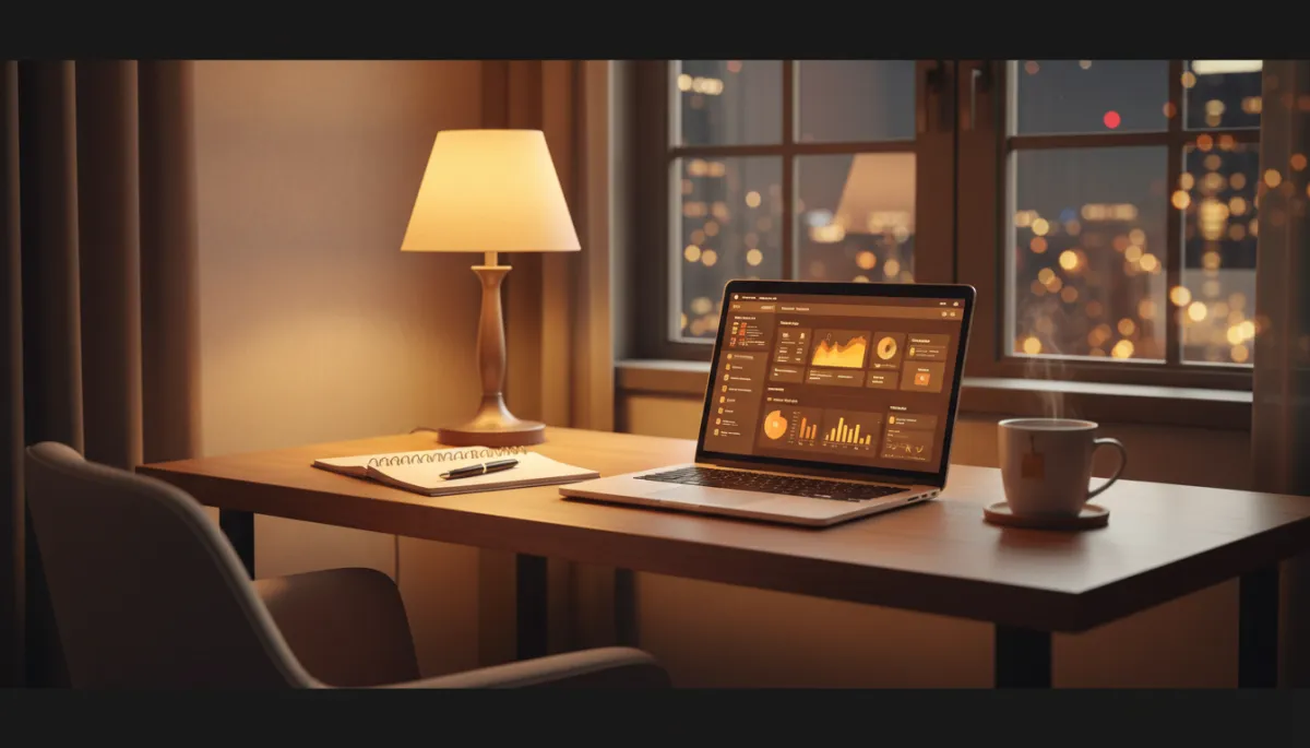 photorealistic warm-toned cozy home office at night, soft lamp glow on wooden desk, open laptop with digital product dashboard on screen, notebook and pen nearby, mug of tea, blurred city lights outside window