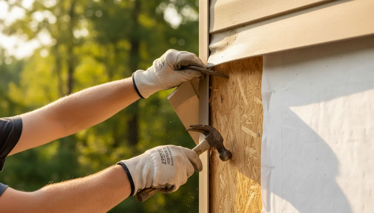 Old vinyl siding being removed to prepare for new installation