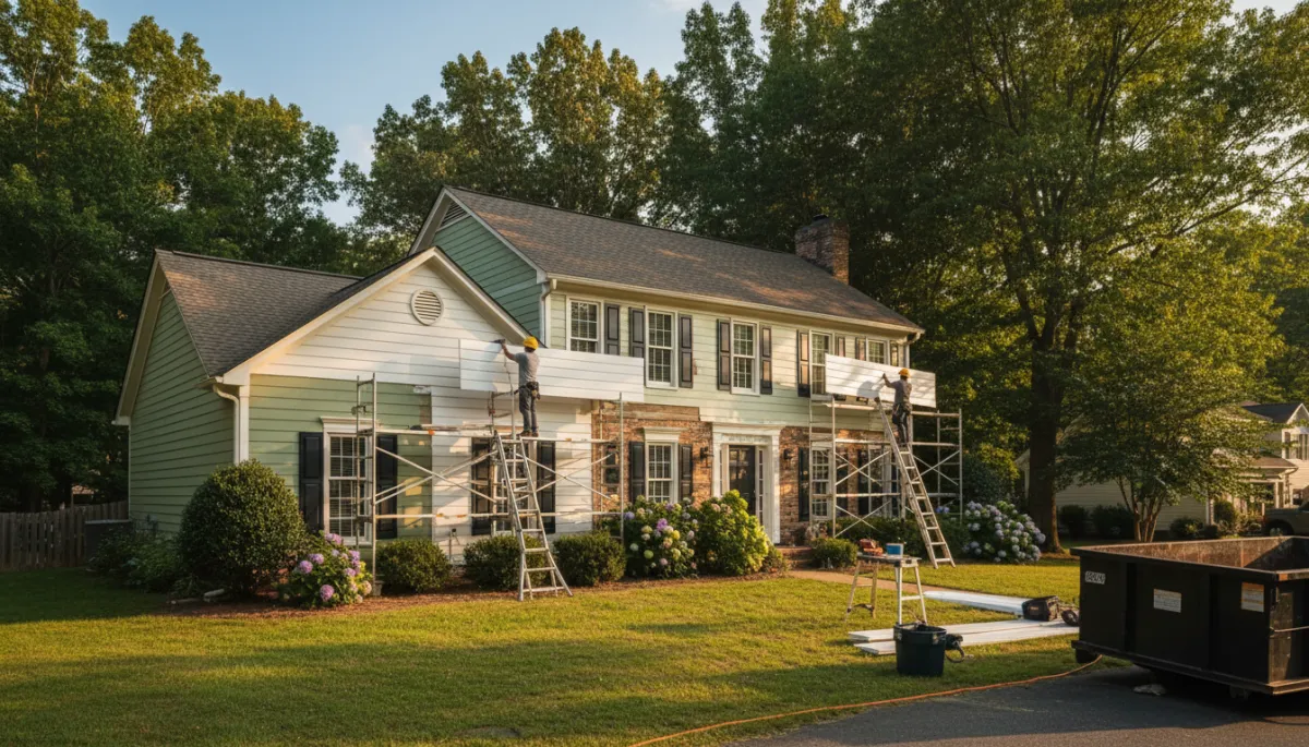 Professional siding replacement crew installing new siding on a Richmond, VA suburban home