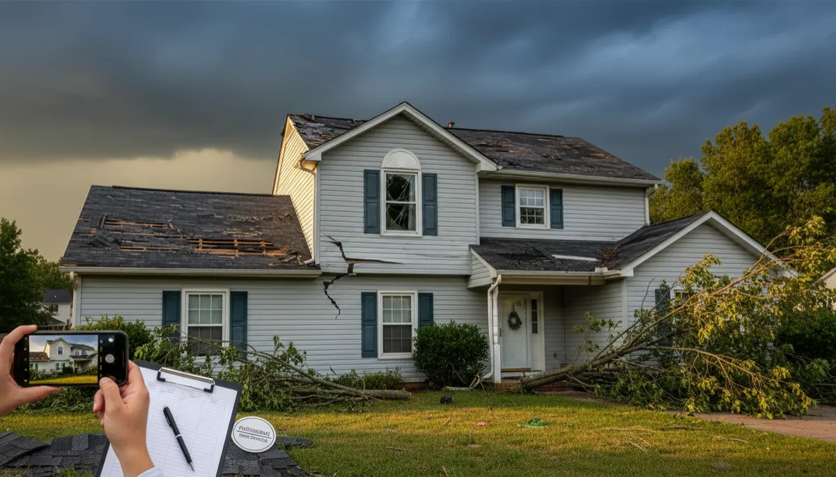 Storm damaged Richmond VA home with visible roof and siding damage after severe weather