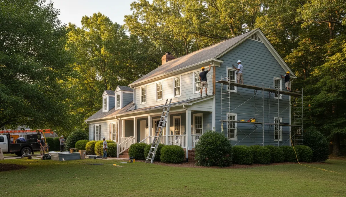 photorealistic wide-angle exterior shot of a Richmond VA suburban two-story home with a professional siding installation crew on ladders and scaffolding, workers lifting and fastening new siding panels to the exterior wall, lush Virginia oak trees and green lawn in the background, warm late-summer golden natural lighting, professional editorial real estate photography style, 16:9 ratio