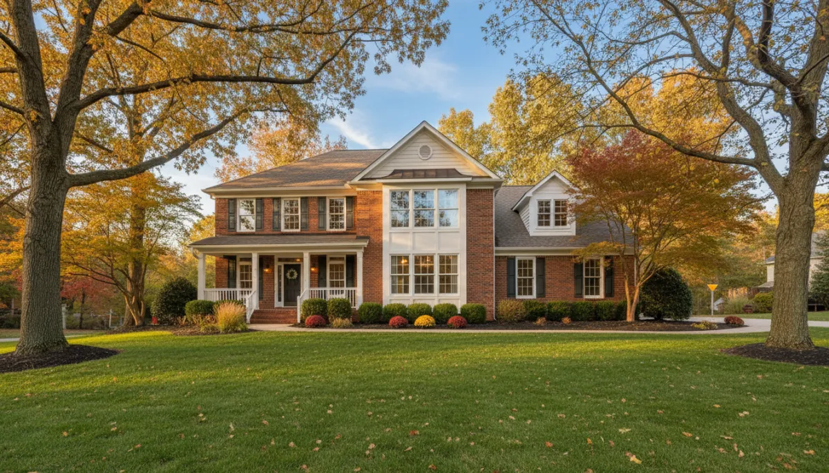 photorealistic wide 16:9 exterior view of a beautiful Richmond Virginia suburban home with large brand-new energy-efficient vinyl windows, warm fall afternoon sunlight, mature trees with early autumn colors, lush green lawn, professional real estate photography style