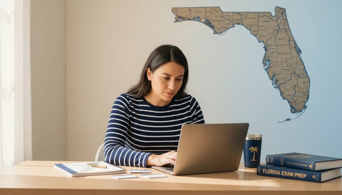 photorealistic scene of a focused adult student in Florida studying at a tidy desk with a laptop, notebook, and exam prep materials in navy blue (#0B2E6B) and gold (#D4A62A) accents, soft natural light, subtle Florida map on wall
