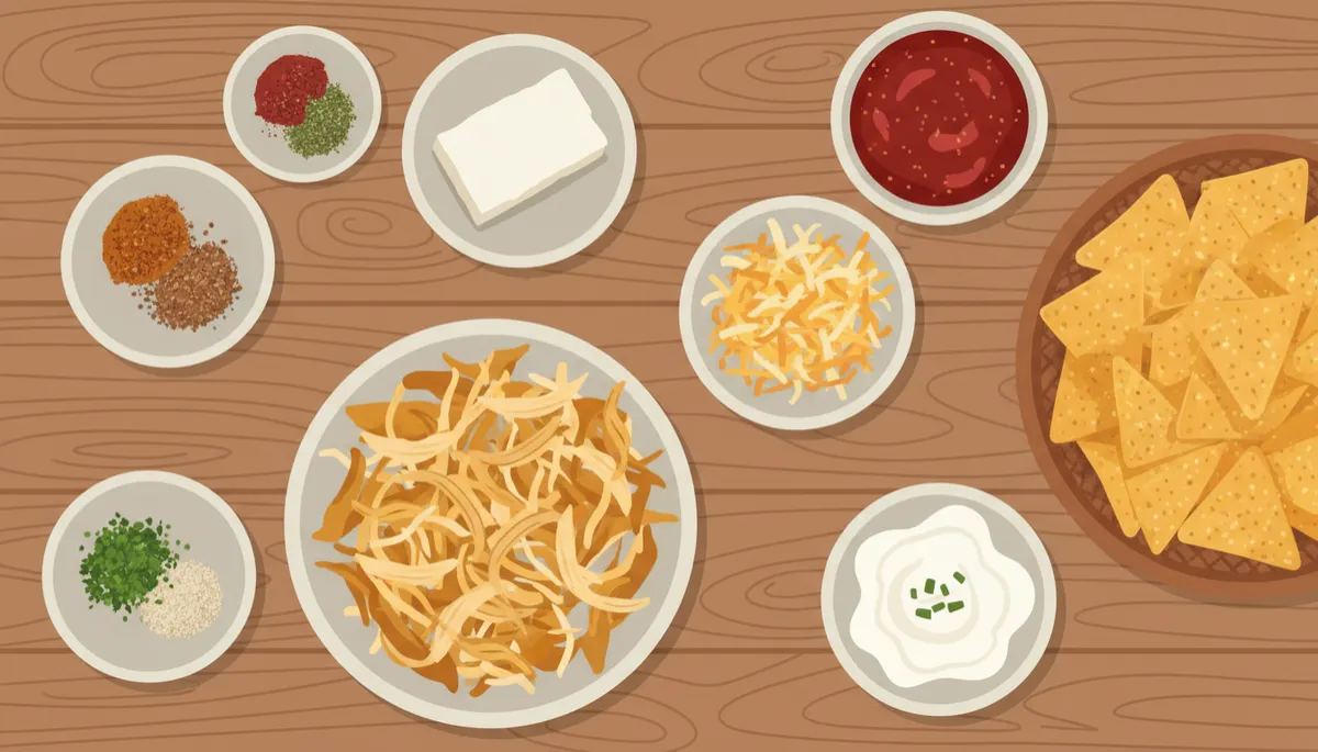 Neatly arranged ingredients for creamy chicken enchilada dip on a wooden table