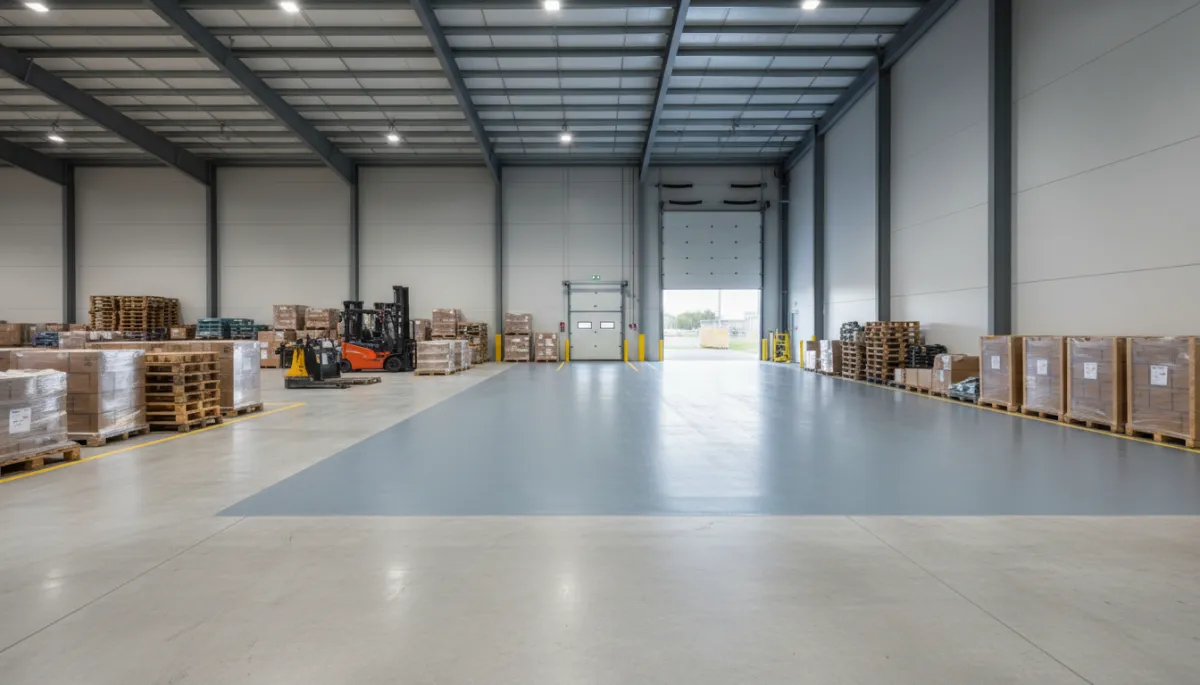 Warehouse with polished concrete and MMA coated loading zone Warehouse with polished concrete and MMA coated loading zone
