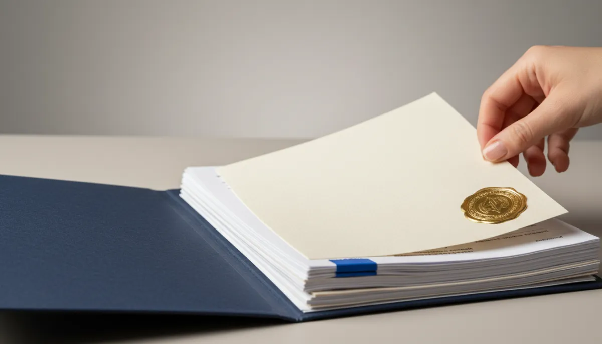 Apostille certificate being attached to notarized documents on a desk