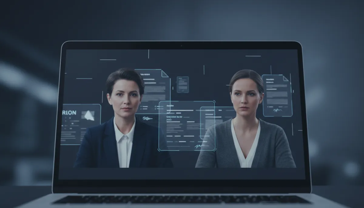 Laptop showing a virtual notary session with digital documents on screen Laptop showing a virtual notary session with digital documents on screen