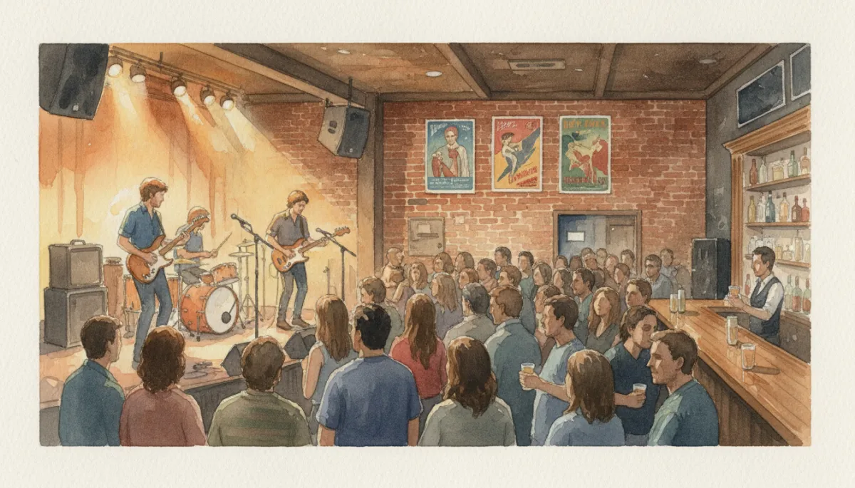 Band performing on a small stage inside a packed Chicago venue